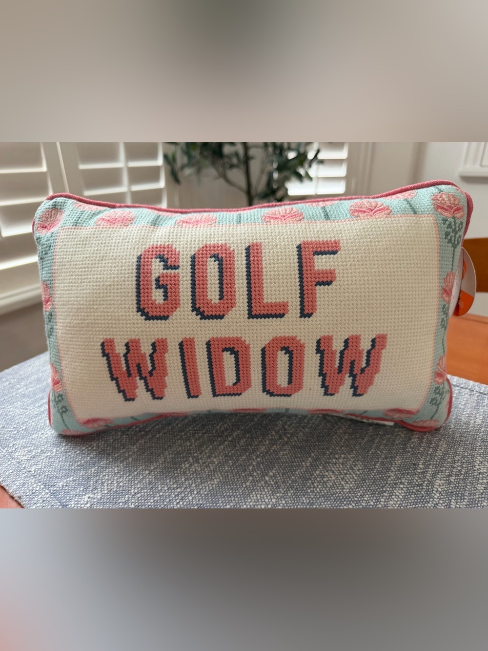 Golf Widow Embroidered Accent Pillow - Pink and Navy Rachel Roy